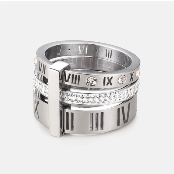 Stainless steel silver tone roman letters stacked chunky ring new